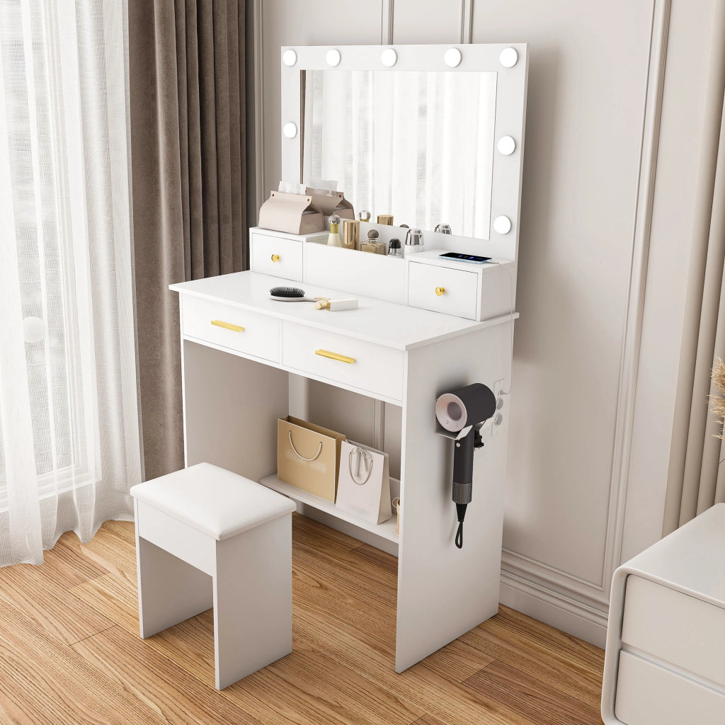 Toeletta con 4 cassetti; specchio LED; presa integrata e porta phon per camera da letto; 80×40×137 cm
