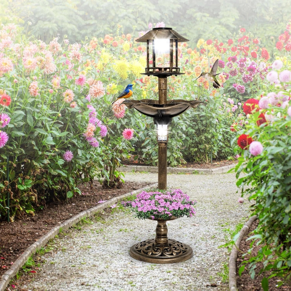 Vasca per Uccelli da Giardino a Energia Solare, Abbeveratoio e Mangiatoia per Uccelli da Esterno con 2 Lampade a Energia Solare, Fioriera e Supporto Riempibile(Bronzo Antico, 43 x 43 x 110 cm)