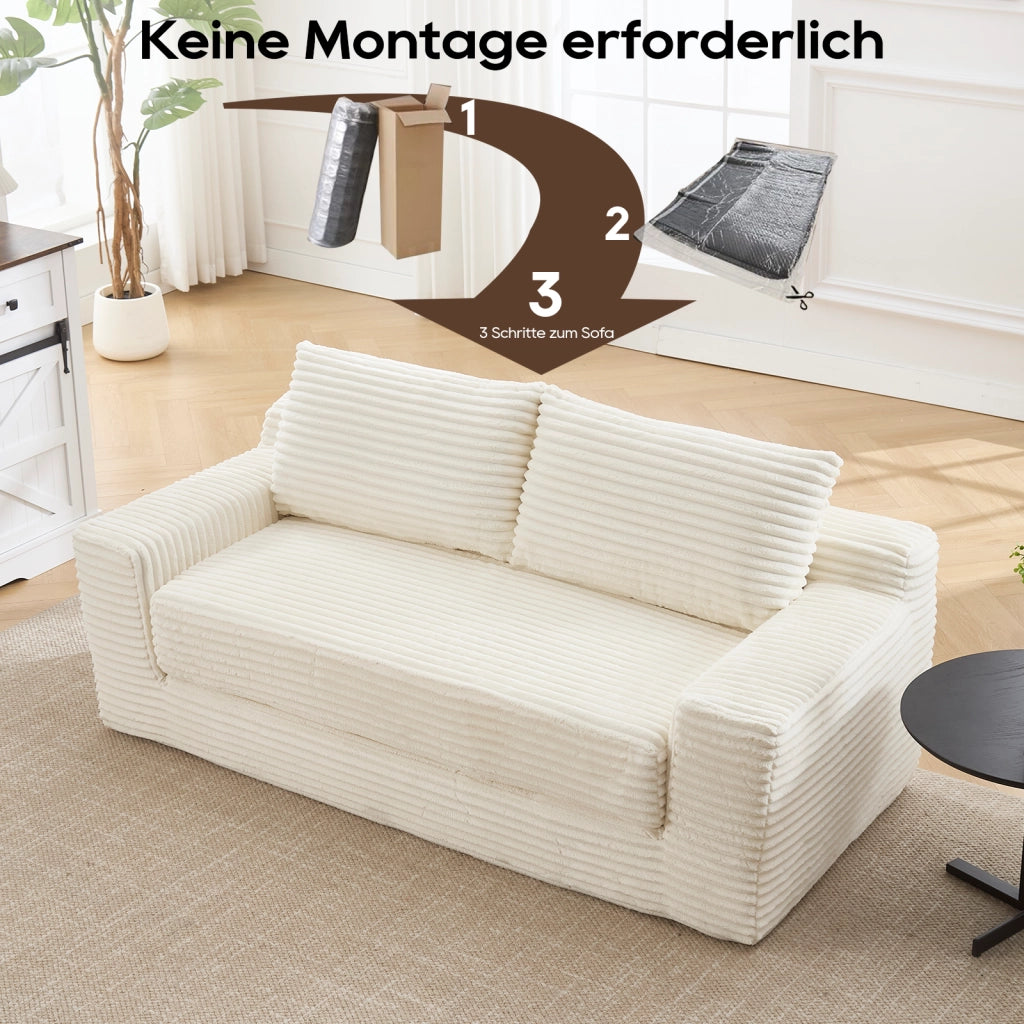 Divano letto 2 in 1 - senza montaggio e convertibile - in tessuto a coste - bianco - 39×41×97 cm