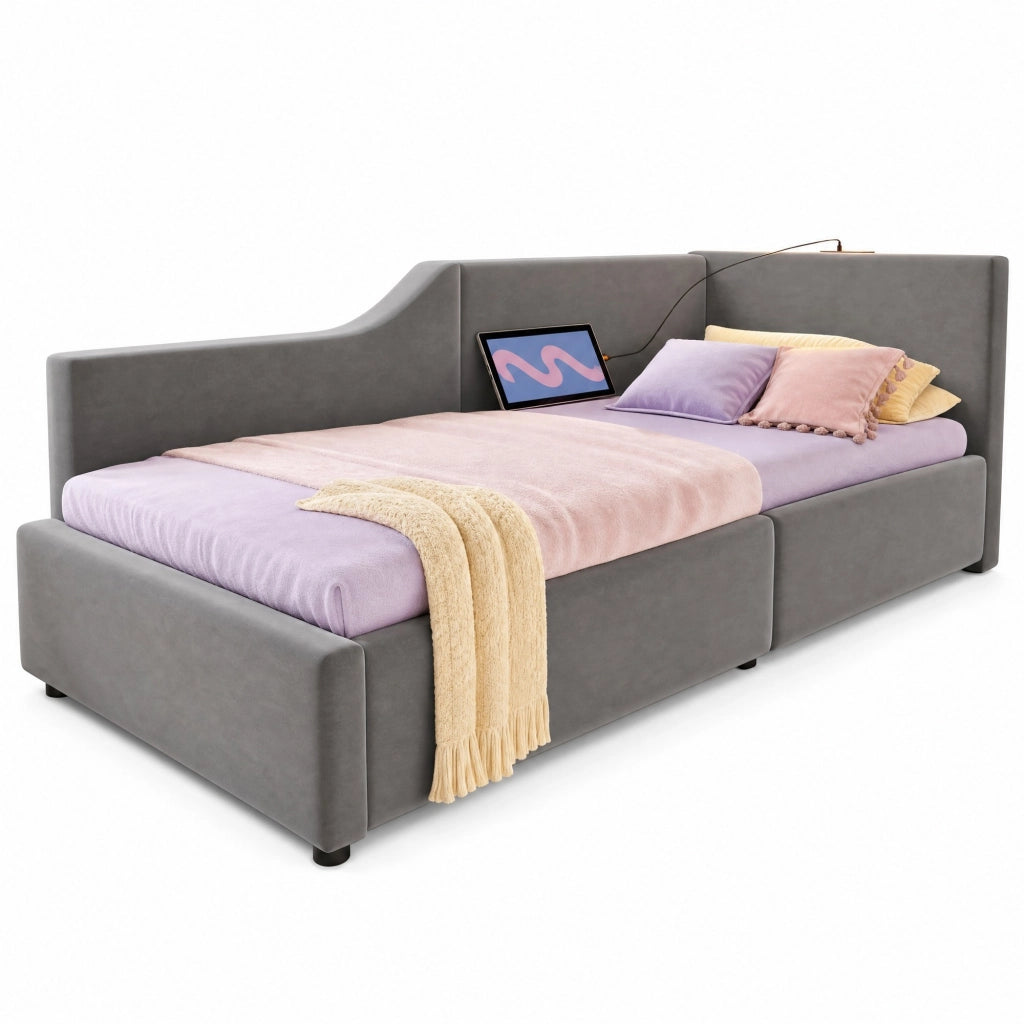 Divano letto daybed 90x190 cm in velluto grigio con contenitore; lampada da lettura e USB-C