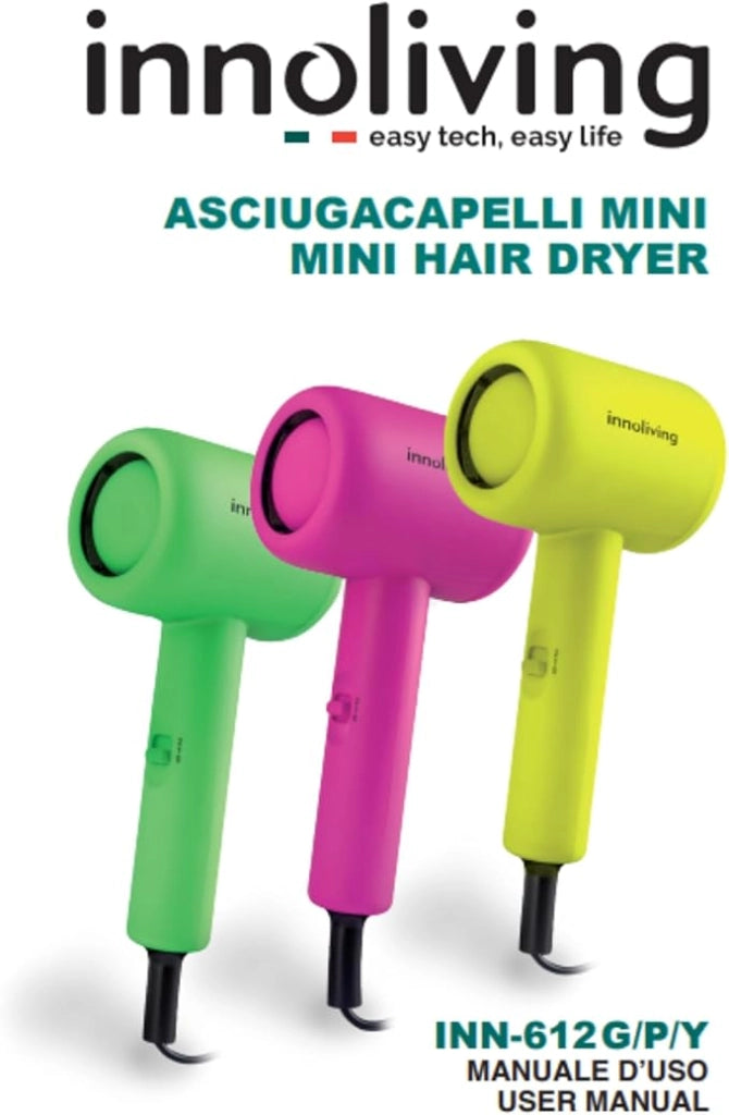 Innoliving Asciugacapelli Mini INN-612 Rosa, Compatto e Pieghevole, 1200W, Doppia Velocità, Disponibile in Vari Colori, Design Portatile per Viaggi e Palestra