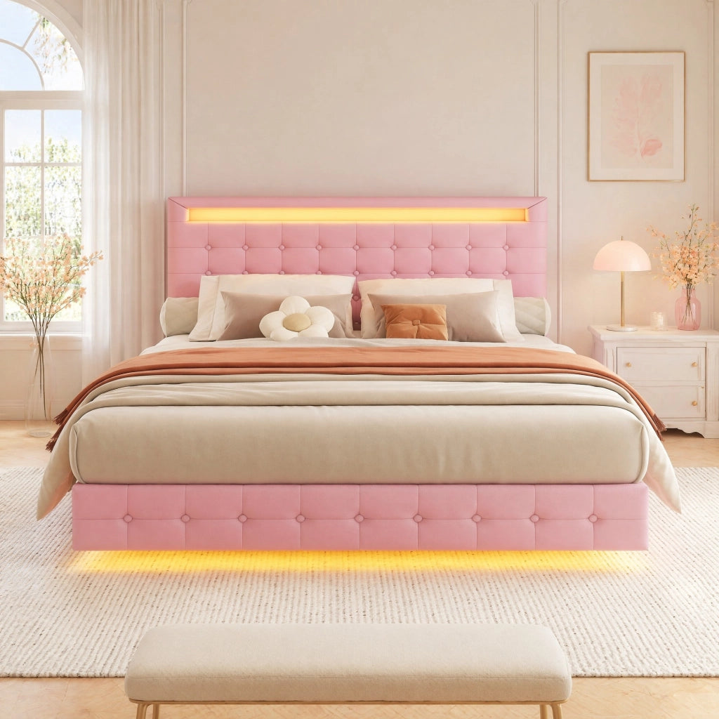 LETTO fluttuante 140x200 cm PU rosa con LED e testiera regolabile