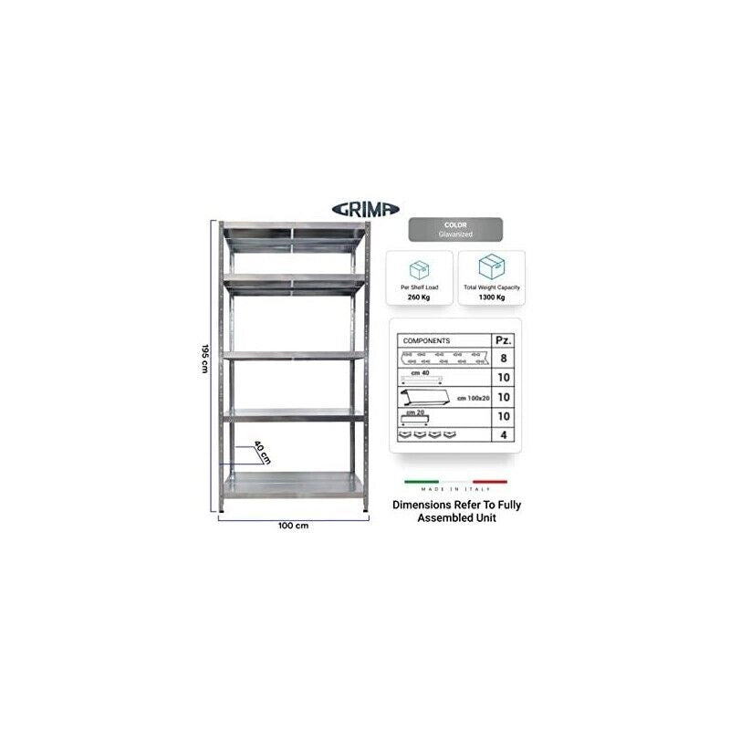 SCAFFALE IN METALLO MACISTE 100 X 40 X 195 H 5 PIANI KG 260 SENZA BULLONI