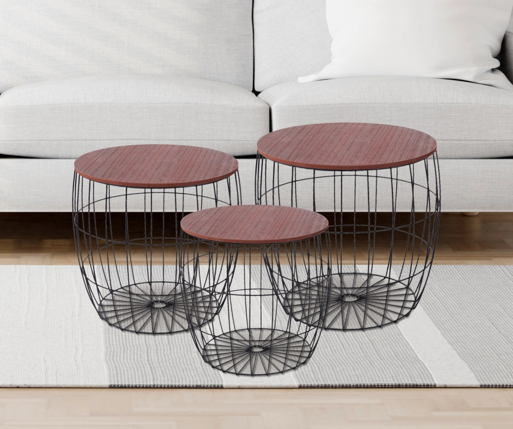 Set 3 Tavolini Da Salotto Sovrapponibili Rotondi Design Moderno Tavolino Da Caffè Estraibili Mobile Soggiorno Tavolo Divano Top In Legno Struttura In Acciaio Stile Industrial Vano Porta Oggetti  - Marrone - Modello 1