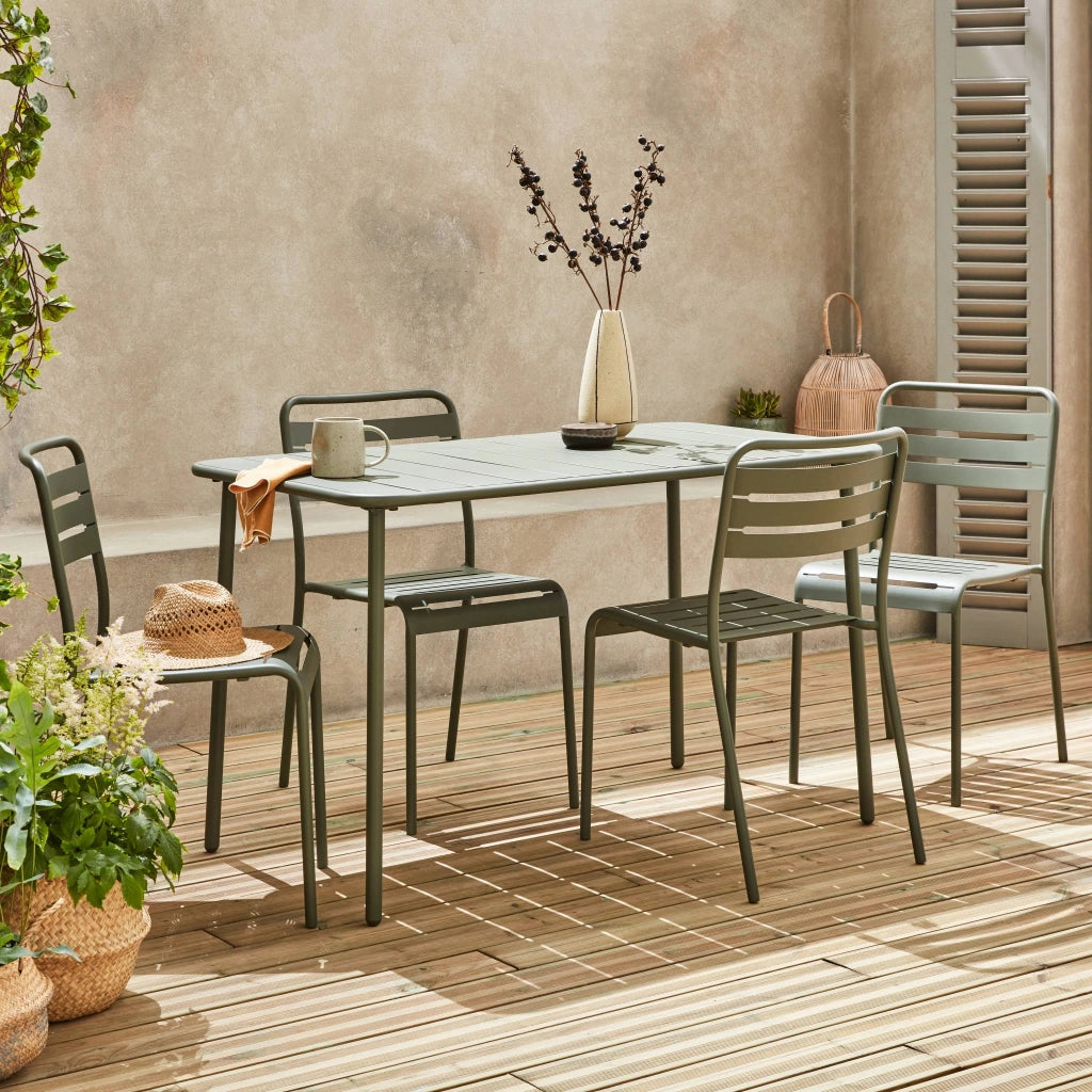 Set tavolo da giardino in acciaio con 4 sedie, 120cm, verde kaki