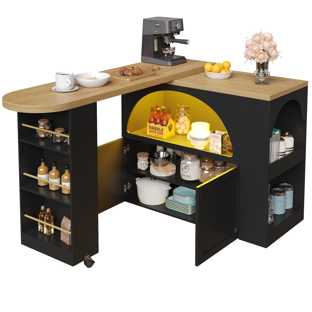 Tavolo Bar Alto con Contenitore; Ripiani Regolabili; LED; USB e Ruote per Cucina e Soggiorno; 135-205x39x100 cm