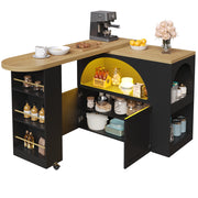 Tavolo Bar Alto con Contenitore; Ripiani Regolabili; LED; USB e Ruote per Cucina e Soggiorno; 135-205x39x100 cm