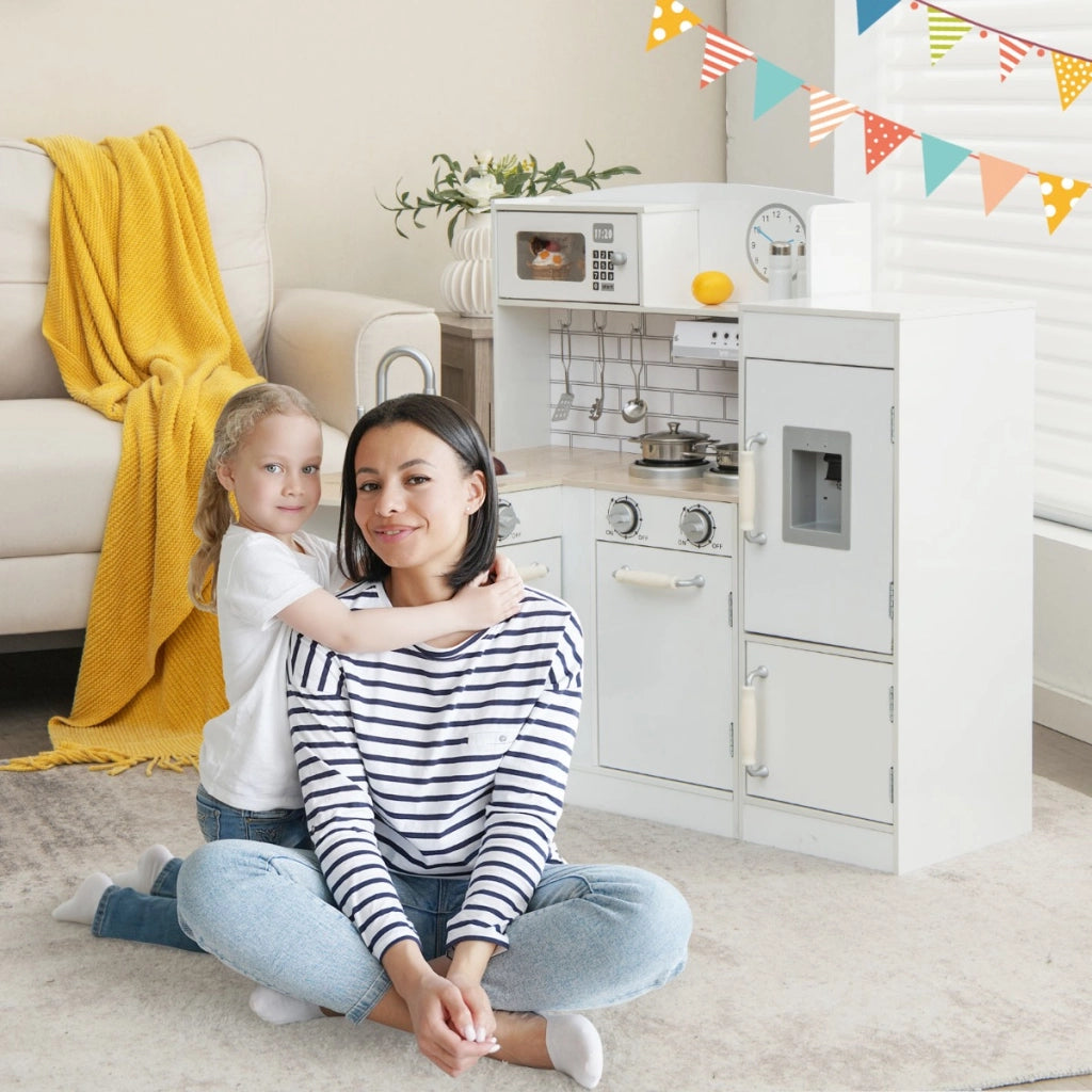 Cucina ad angolo gioco per bambini con lavello fornelli cappa frigorifero, Cucinetta educativo in legno Bianco-Cucine giocattoli