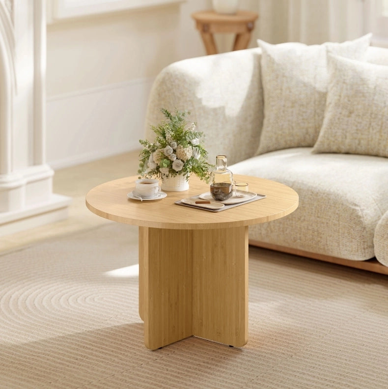 Tavolino da caffè rotondo in bambù 66x66x45 cm con base a croce