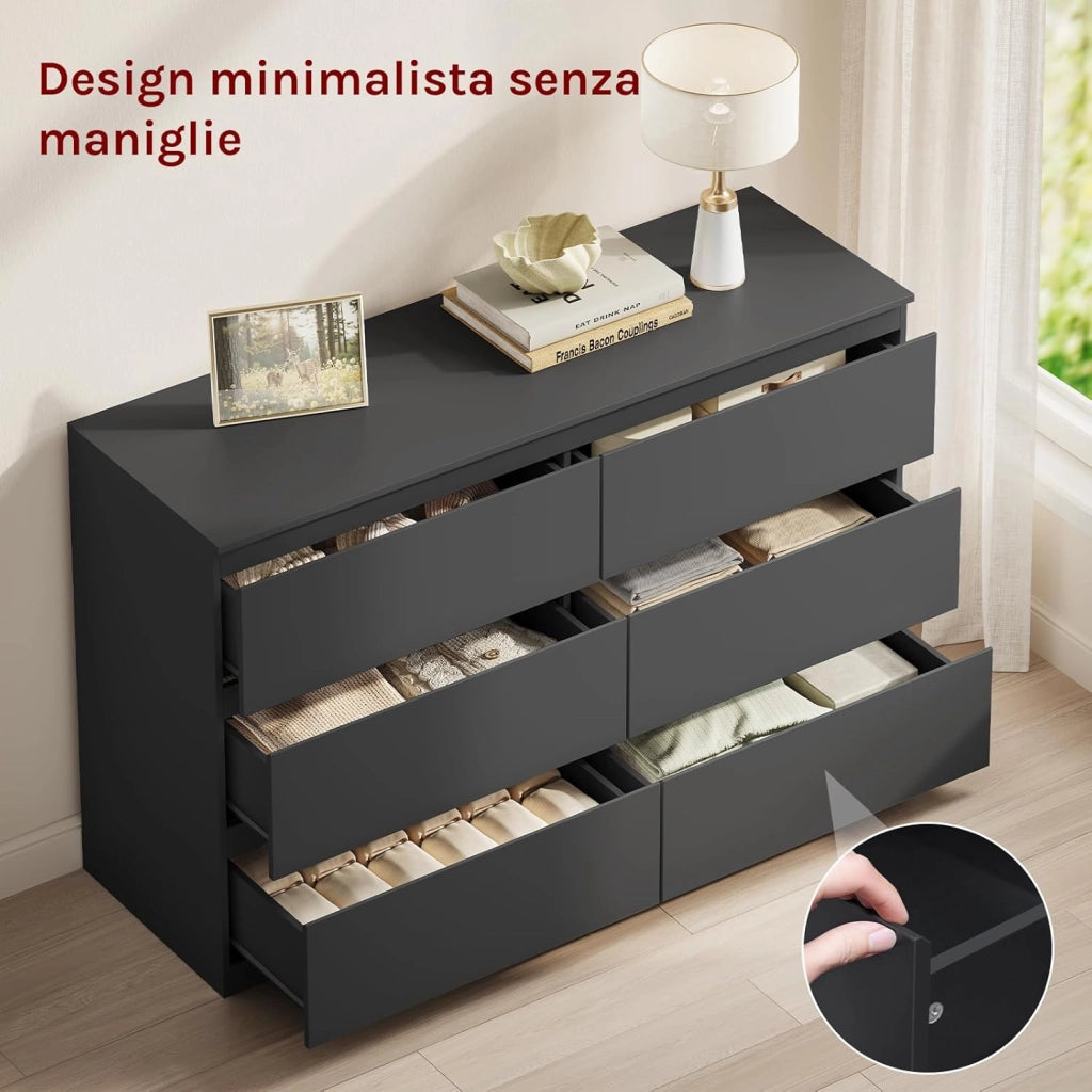 Cassettiera Camera da Letto, Mobile Ingresso con 6 Cassetti, Salvaspazio e Moderno per Soggiorno, Corridoio, in Legno, 120x40x75 cm, Nero