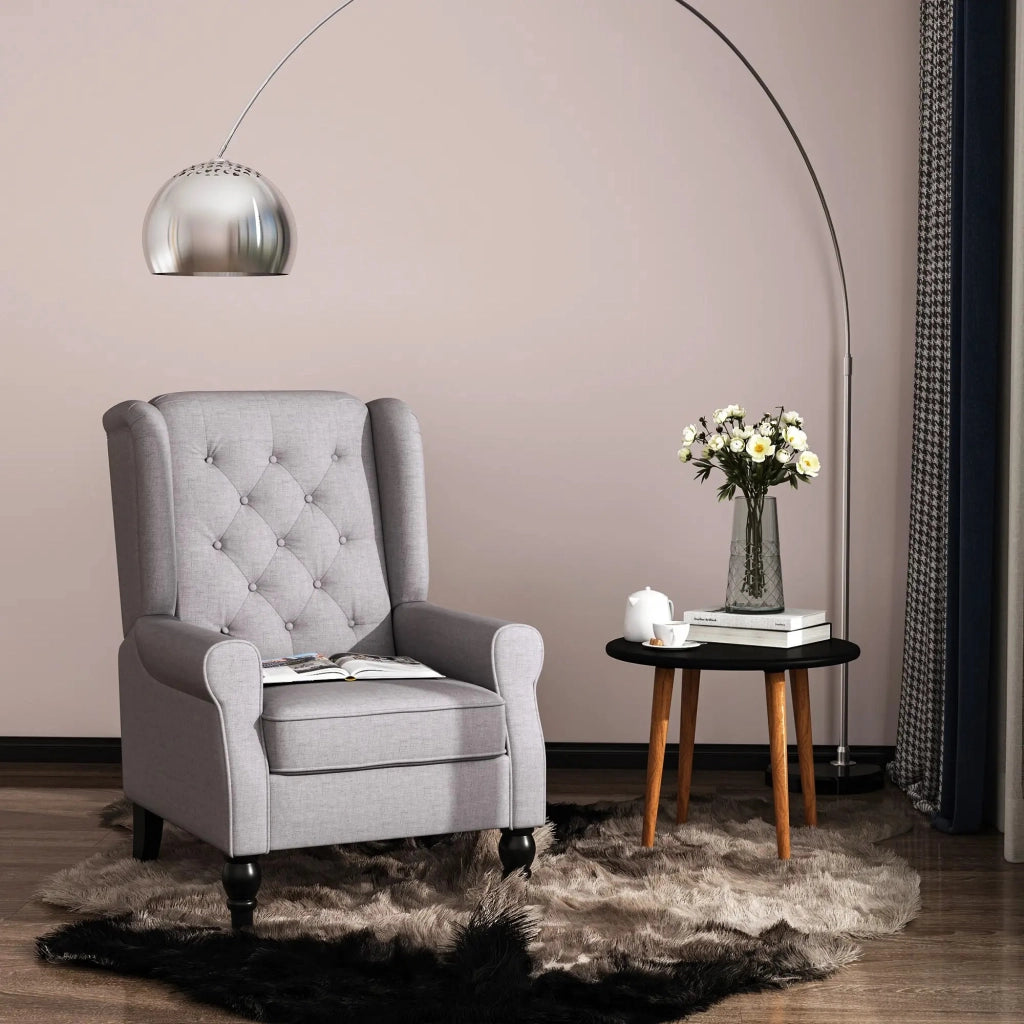 Poltrona relax con schienale alto, 74x86x102 cm, grigia, in poliestere, con piedini in legno