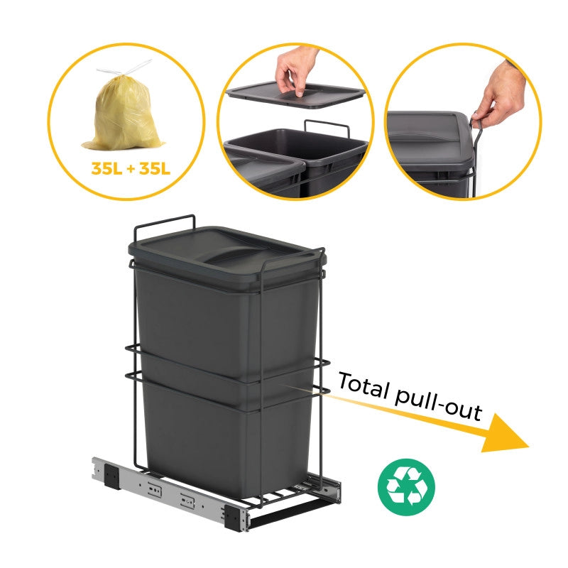 Contenitore per la raccolta differenziata Recycle Inox 2x12lt per il montaggio sul fondo e l'estrazione manuale/automa..