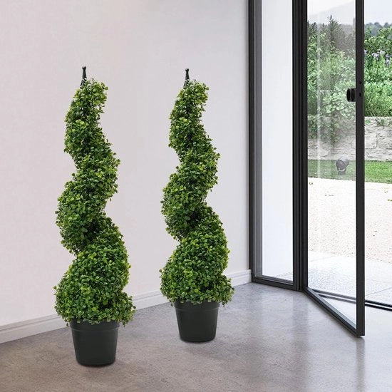 Due impianti di buxus artificiali, un albero di balbo artificiali, un topiary a spirale in vaso, foglia artificiale per uso domestico
