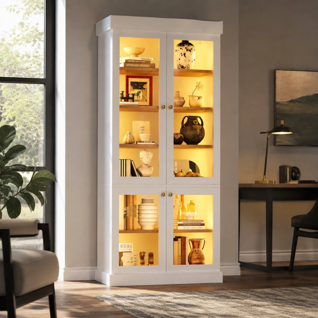ARMADIO ALTO 80x40x180 cm Bianco MDF e vetro con LED e sistema antiribaltamento