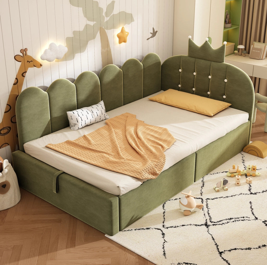 Letto daybed singolo 90x190 cm con contenitore; design corona in velluto verde