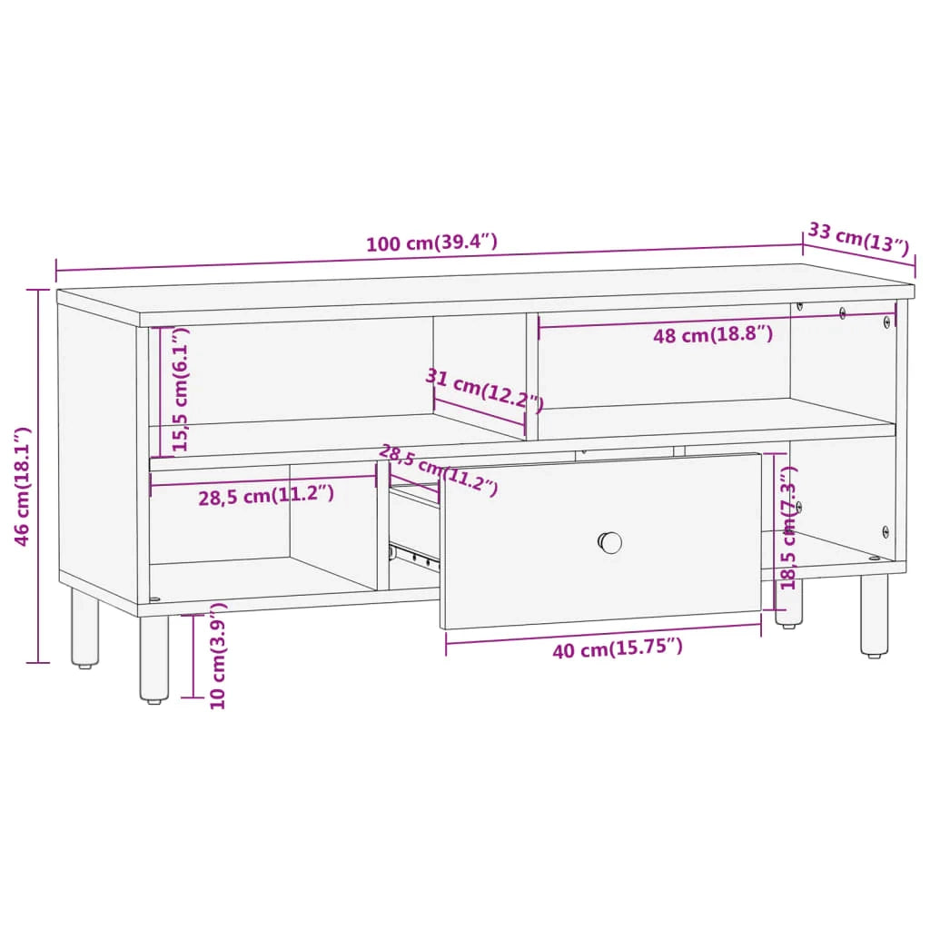 Mobile TV multimediale mensola TV credenza TV per sala da pranzo soggiorno camera da letto 100 x 33 x 46 cm legno massello di mango marrone 02_0025459