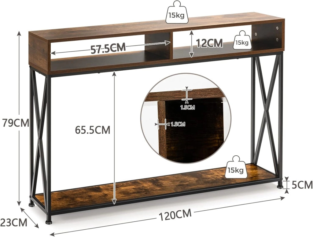 Tavolo Consolle Ingresso, Tavolini Stretto a 3 Ripiani, Salvaspazio e Multiuso, in Ferro, Industriale, Portata di 45 kg, 120x23x79cm, 3 Colori Disponibili, Nero/Bianco/Marrone