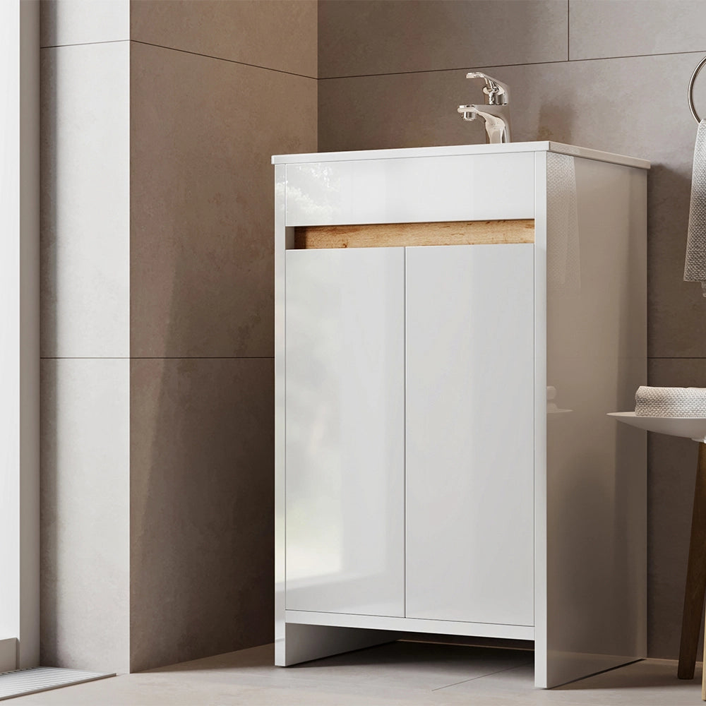 Vicco Set mobili bagno Bianco lucido 2 parti, con lavabo e 2 ante a battente