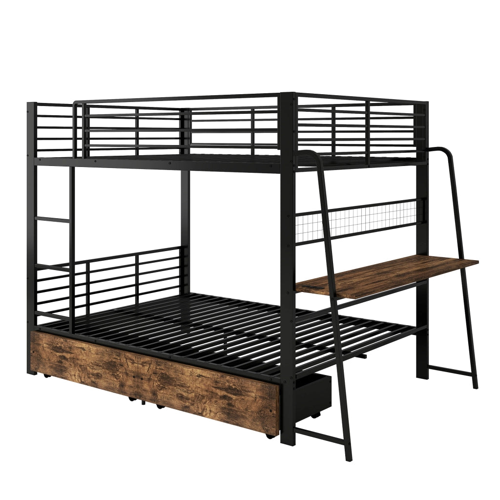 Letto a soppalco 140x200 cm con scrivania; LED e presa in MDF e metallo nero