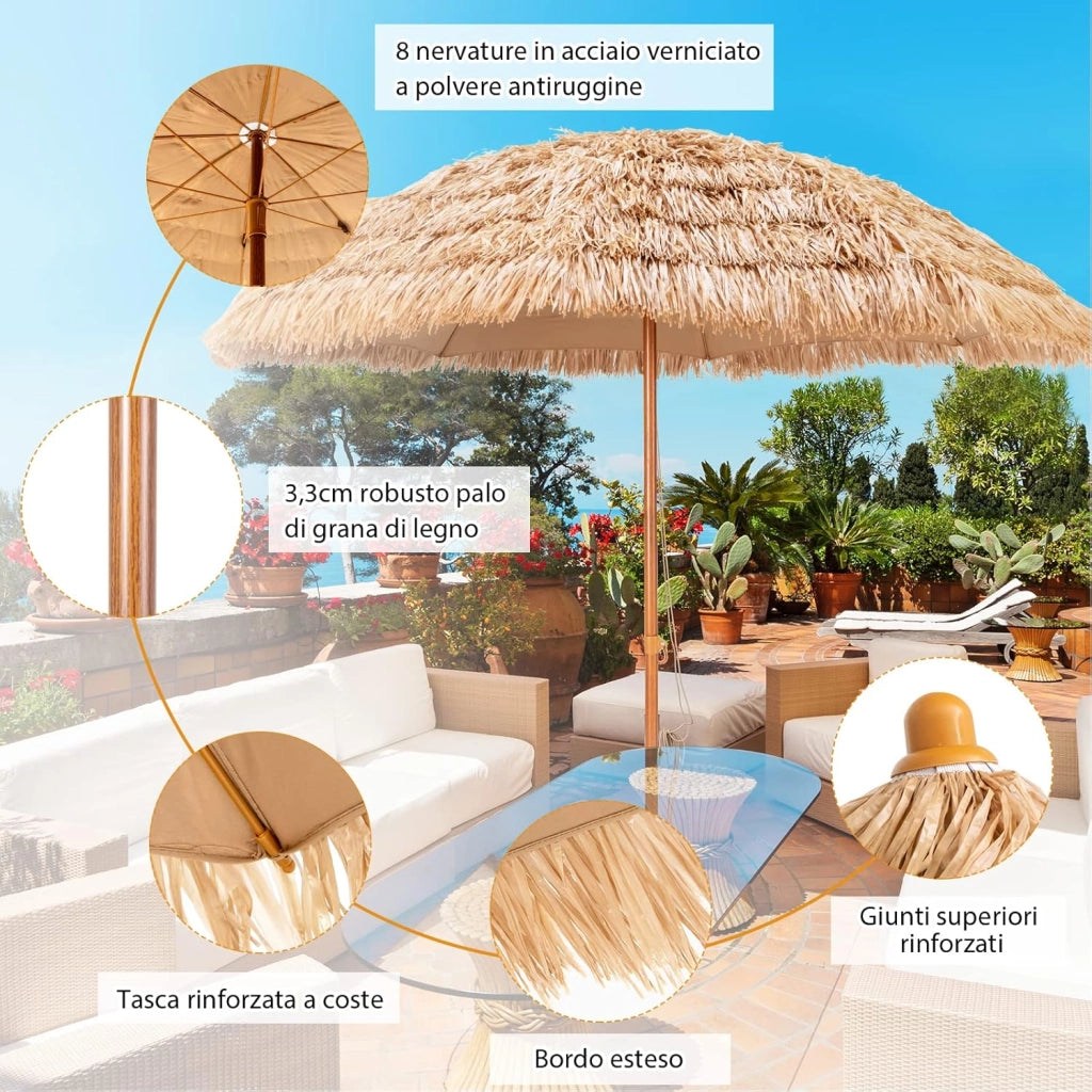 Ombrellone da Spiaggia 205 cm, Ombrellone di Paglia con 8 Stecche, Parasole Hawaiano in Paglia PP a 7 Livelli, per Spiaggia Giardino Piscina