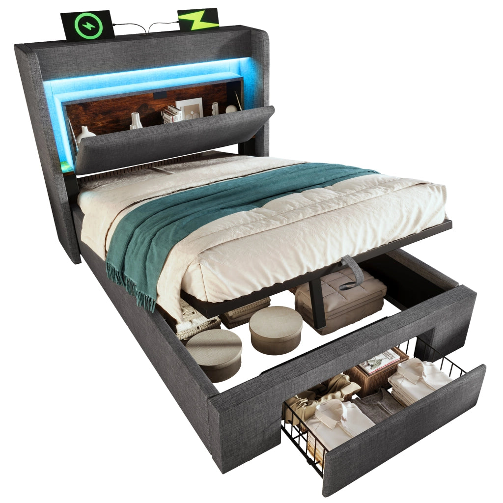 Letto Contenitore 90 x 200 cm; Letto Singolo - USB; Type-C; LED e Cassetto - Grigio