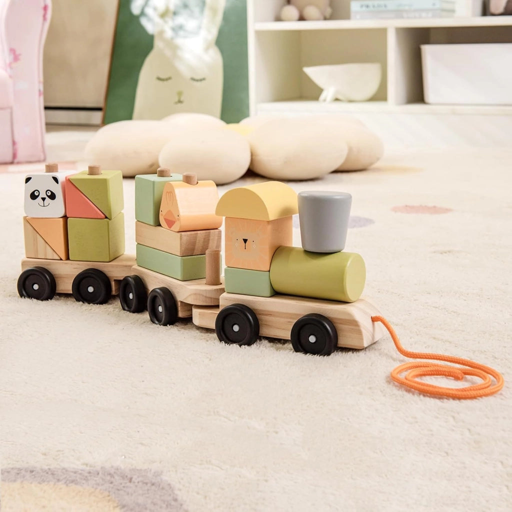 Trenino in Legno, Trenino Giocattolo a 3 Sezioni con Blocchi Impilabili, Corda di Traino, Design a Gancio, Trenino Giocattolo Educativo per Bambini 3 Anni+