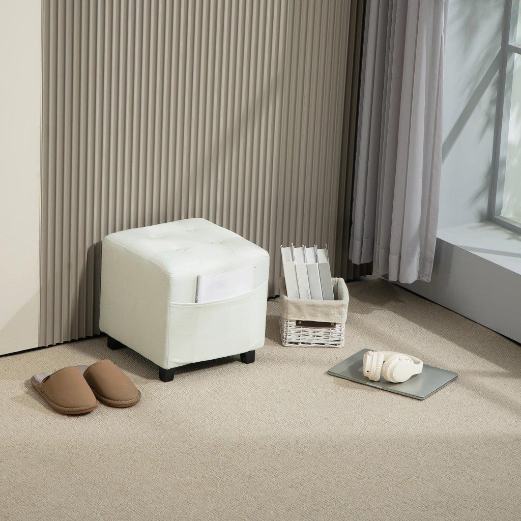 Pouf imbottito con tasca laterale ¨C zephmum ¨C Tessuto effetto lino, crema, 35x35x35 cm