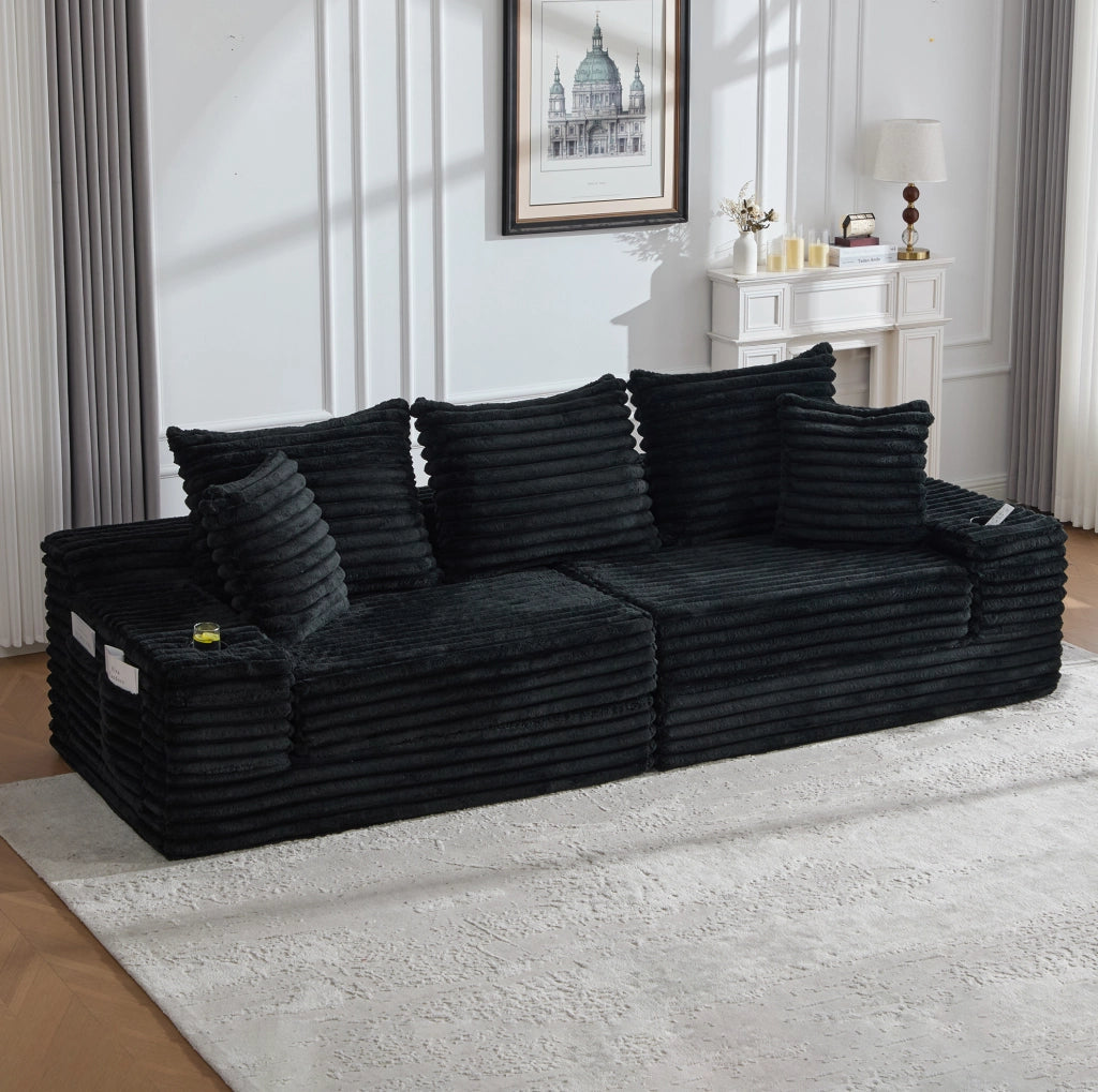 Divano modulare in tessuto a coste trasformabile in letto; 273x98x87 cm; nero
