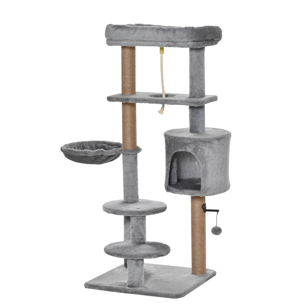 Albero tiragraffi per gatti con piattaforme, amaca e tana ¨C zephmum ¨C grigio 48x48x120 cm
