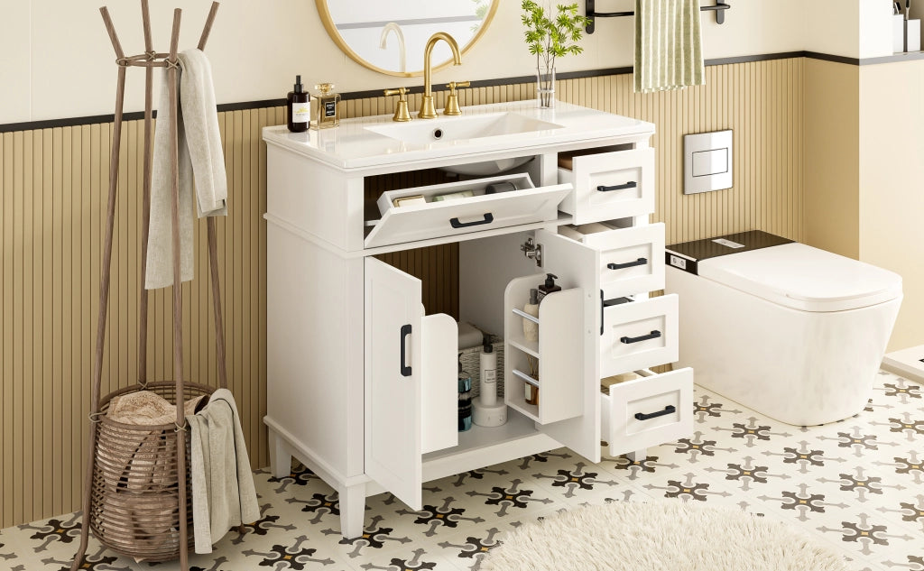 Mobile sottolavabo con lavabo in ceramica, 1 ribalta, 4 cassetti e doppia anta, per bagno, bianco, 90 × 46 × 87 cm