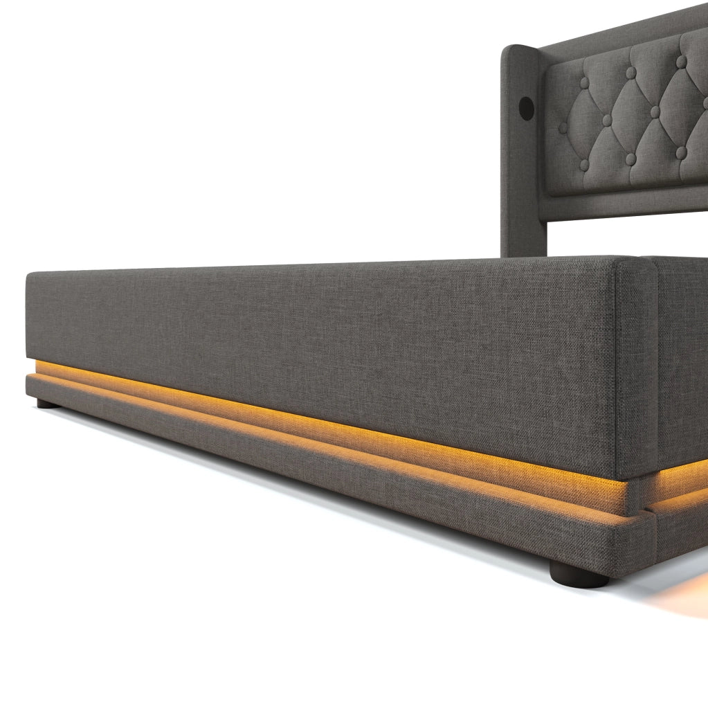 Letto imbottito 140x200 cm con materasso, contenitore, USB Type-C e LED