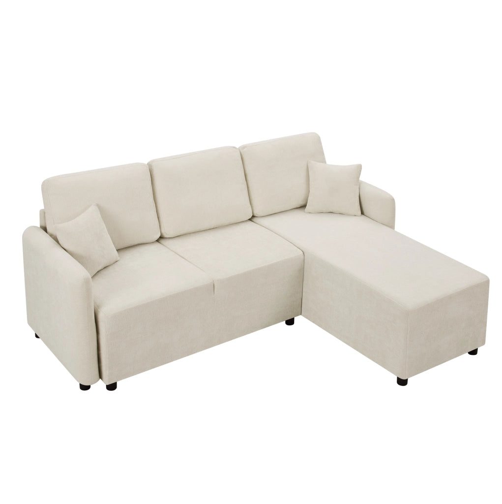 Divano angolare a tre posti con penisola in ciniglia beige e due cuscini per il massimo relax