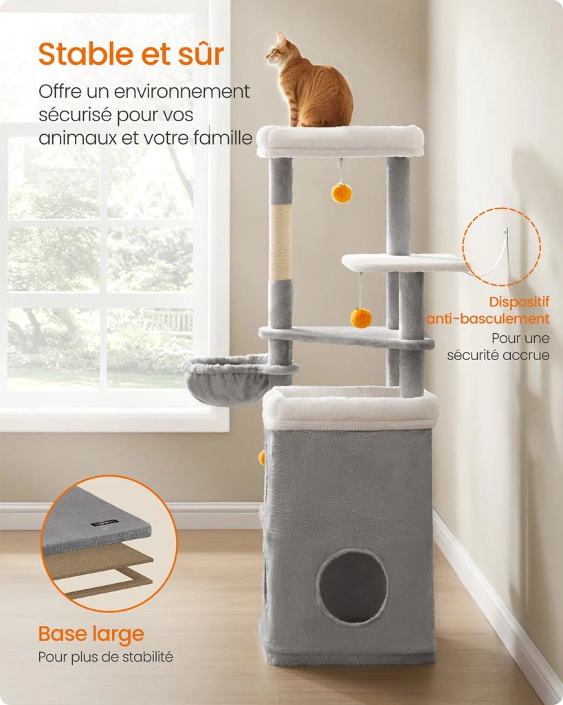 Tiragraffi alto 152 cm torre gioco per gatti a più livelli con 2 grandi cubbie 1 amaca 3 tiragraffi 3 piattaforme grigio 12_0003800