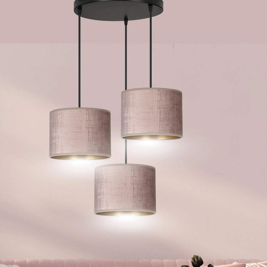 Set di lampade a sospensione Hilde in acciaio e velluto rosa