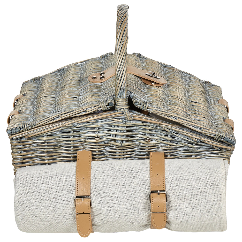 Cesto da picnic per 4 persone in vimini naturale e grigio con set di posate, piatti, bicchieri da vino e borsa termica con cavatappi Coperta inclusa Finitura