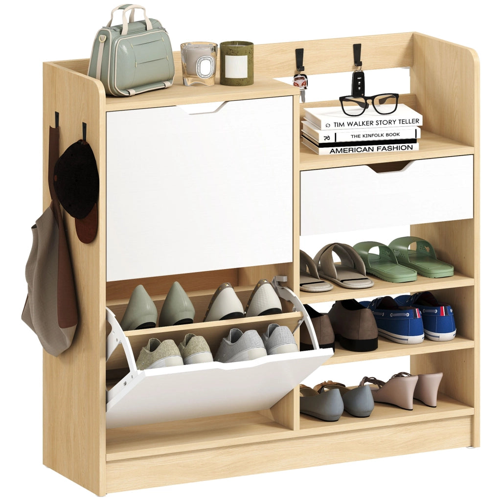Scarpiera Ingresso con Cassetto Appendiabiti 4 Ganci 14 Paia ¨C Xylo ¨C Legno Naturale Bianco