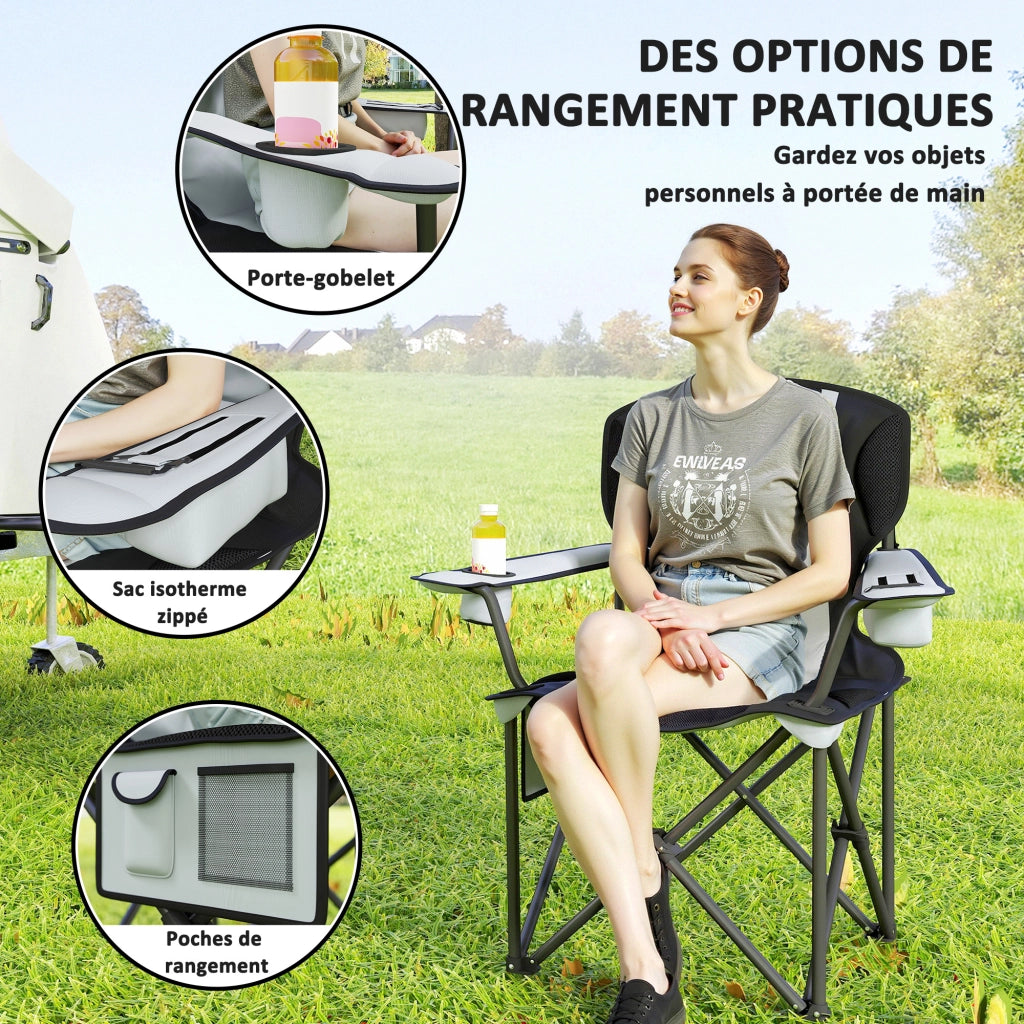 Sedia da camping pieghevole ¨C Zephmum ¨C Nero, con braccioli regolabili, porta-bicchieri e tasche laterali