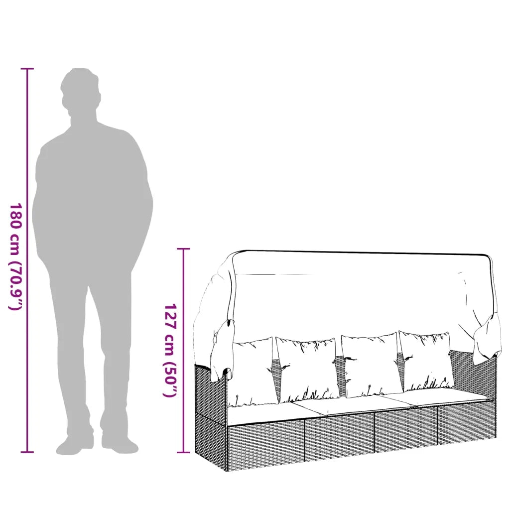 Lettino Prendisole | Sdraio da giardino | Lettino da sole Esterno con Tetto e Cuscini Nero Polyrattan