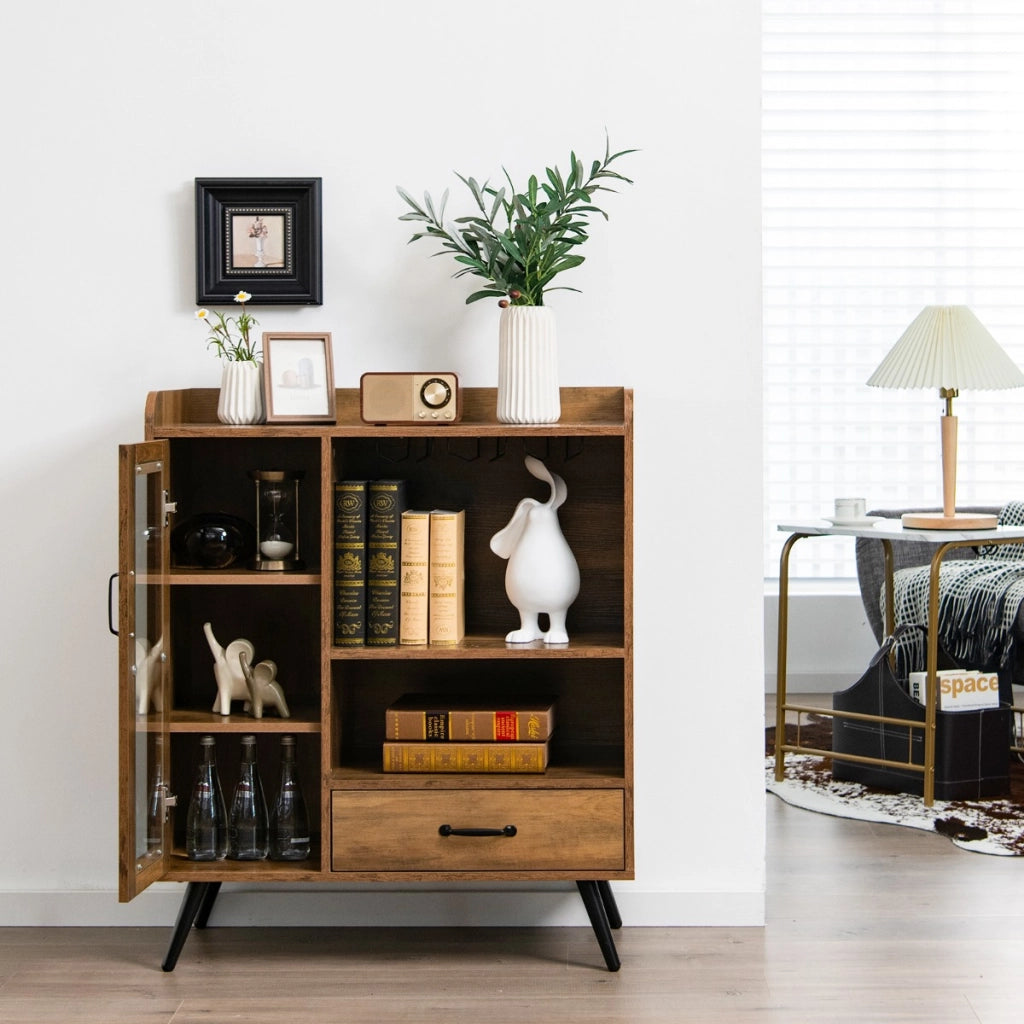 Mobile buffet in legno con anta e cassetto portaoggetti-Credenza contenitore per cucina sala da pranzo Marrone