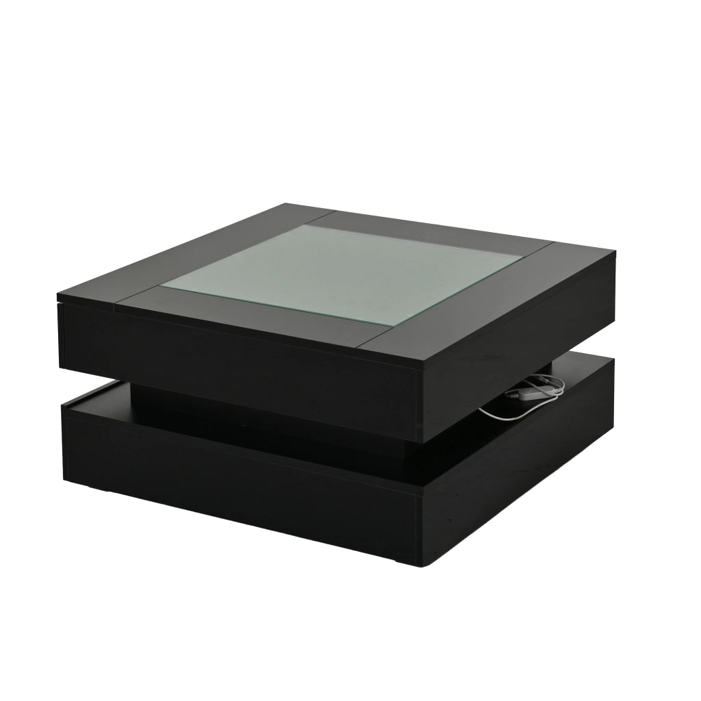 Tavolino basso con LED, 3 cassetti e piano in vetro temperato, finitura lucida, per soggiorno, nero, 70 × 70 × 35 cm