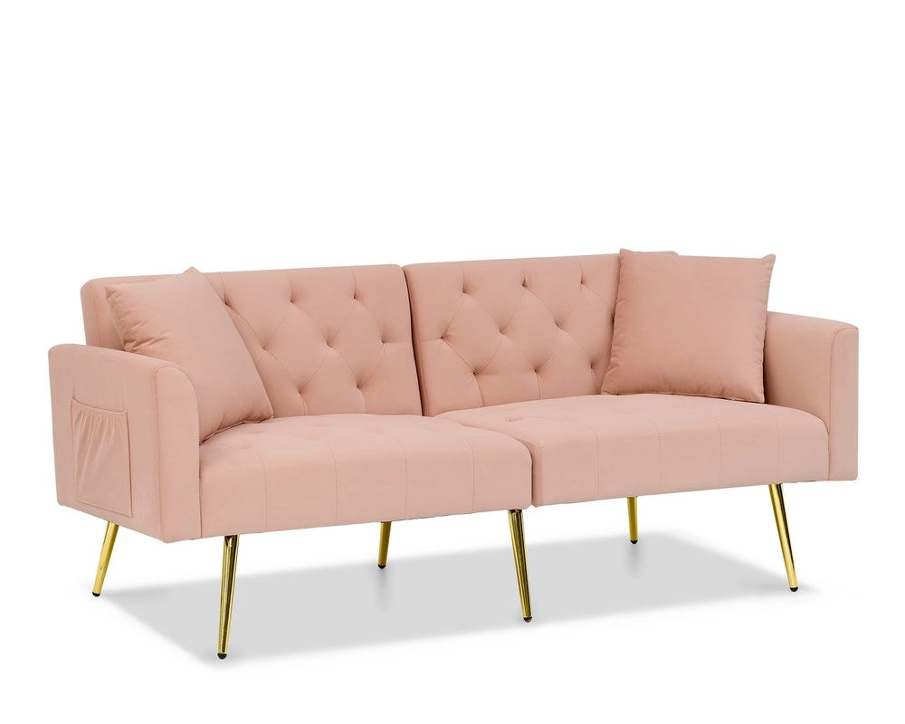 Divano 2 posti in velluto ¨C Minimal ¨C rosa con cuscini, gambe in metallo, schienale regolabile