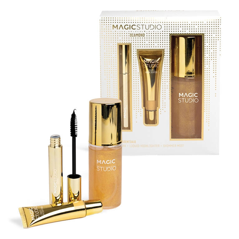 Magic Studio set Diamond Glow Essentials Gift con mascara, illuminante liquido e shimmer mist