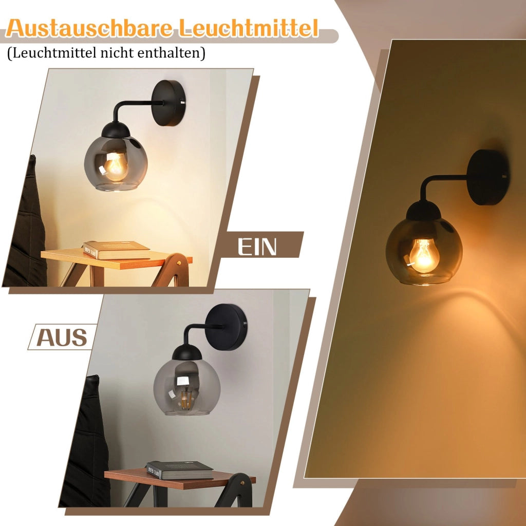 ZMH Lampada da parete vintage da interno E27 illuminazione da parete retrò per camera da letto in vetro nero