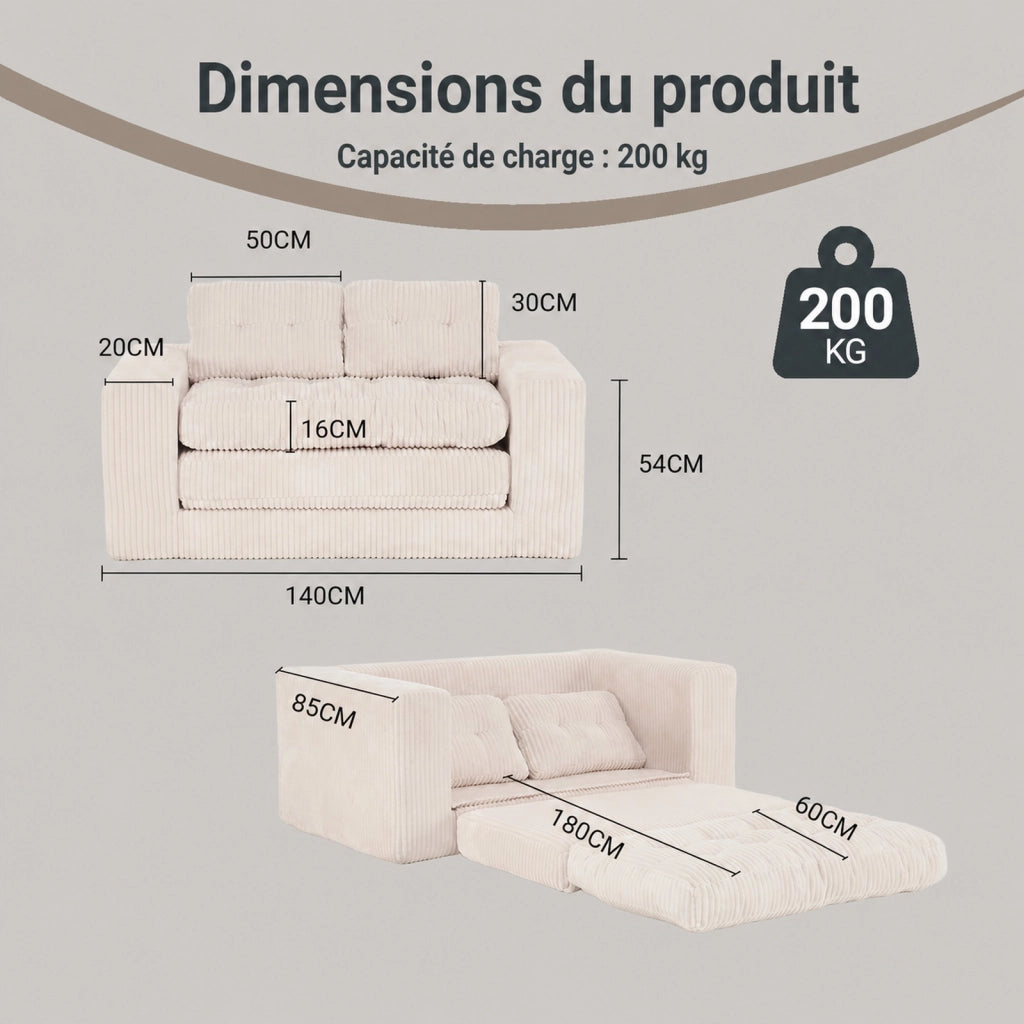 Divano letto a due posti in velluto a coste con funzione 2 in 1 senza montaggio con cuscini rimovibili beige