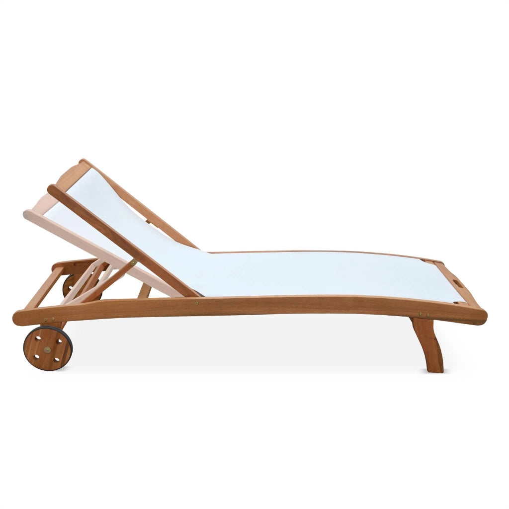 Set 2 lettini prendisole in legno multiposizione con ruote, bianco