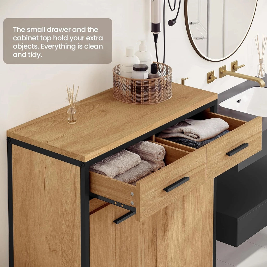 Mobile da Bagno con 2 Cassetti e 2 Sacchi per la Biancheria, in MDF con Struttura in Metallo, Rovere Chiaro + Nero, 72,5x34x80 cm