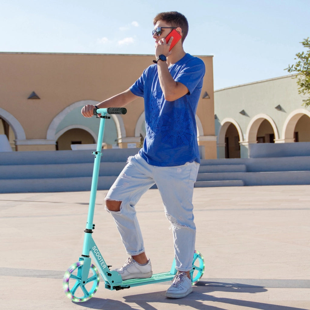 Monopattino per adolescenti e adulti con 2 ruote illuminate con freno carico 110kg, Monopattino pieghevole Verde-Monopattini