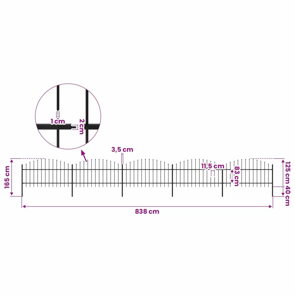 Recinzione da Giardino con Punta a Lancia in Acciaio 838x125 cm Nero 277725
