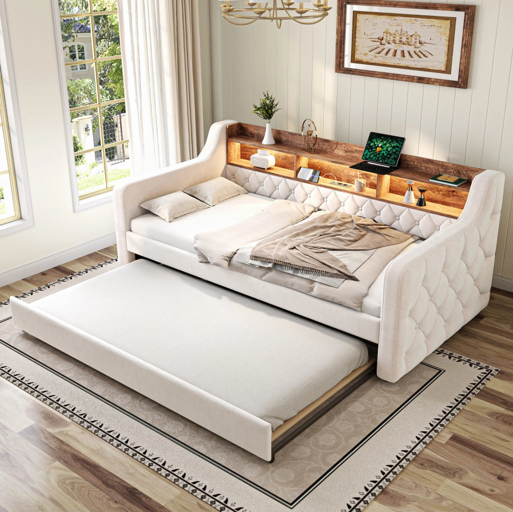 Letto estraibile 90x190 cm in velluto beige con ripiano; LED regolabile e USB-C
