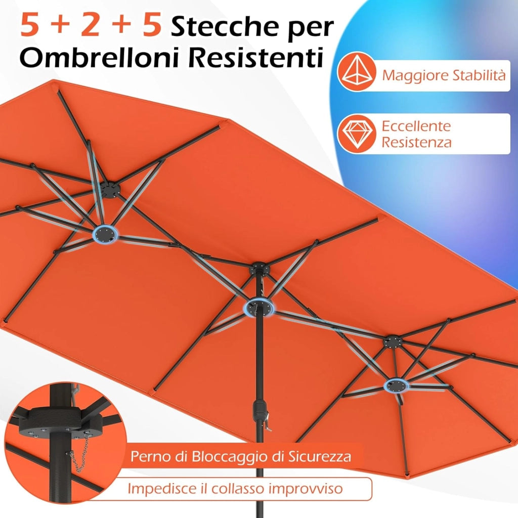 Ombrelloneda Giardino Doppio 400 x 200 cm, Ombrellone Rettangolare con Base, Anti-UV, con Manovella e 12 Stecche, per Giardino Piscina Patio (Arancione)